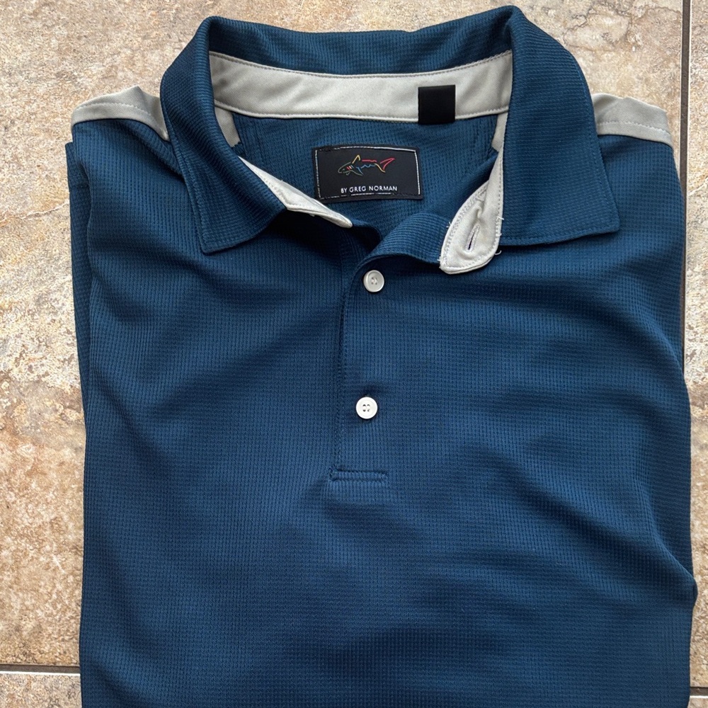 Greg Norman Collection Men's Blue Polo with Gray Accents- Size Large